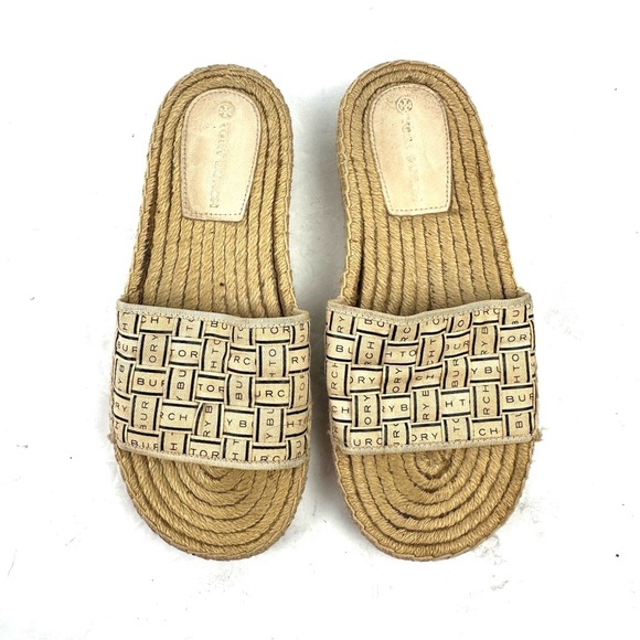 Tory Burch Ribbon Espadrille Slides 7.5 Tan Slip On Shoes Discount In Listing - Picture 1 of 10
